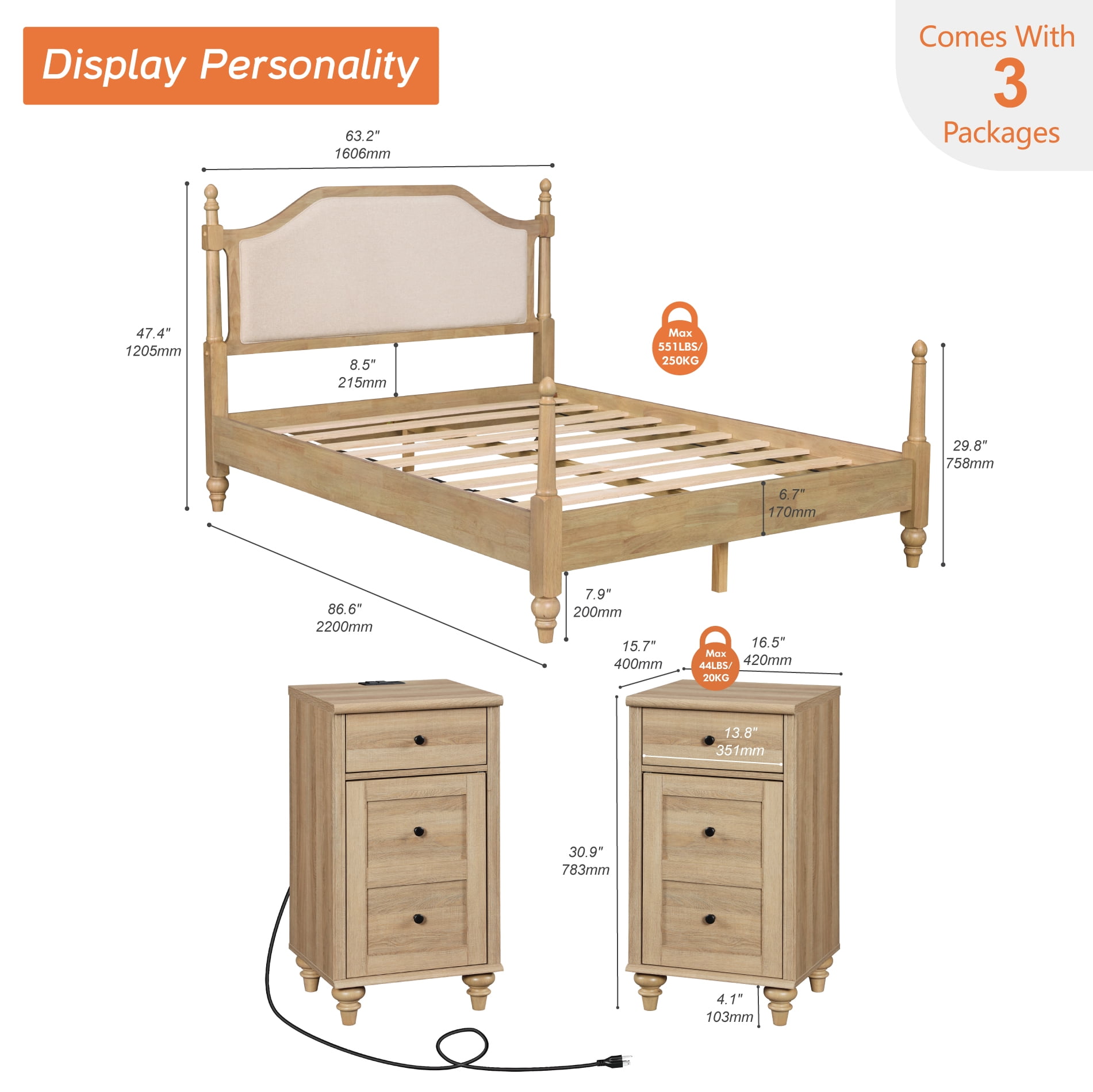 3 Pieces Bedroom Set, Queen Size Wood Platform Bed Frame with Upholstered Headboard & 2 Nightstands with Power Outlets & USB Ports, Modern Bedroom Furniture, Oak