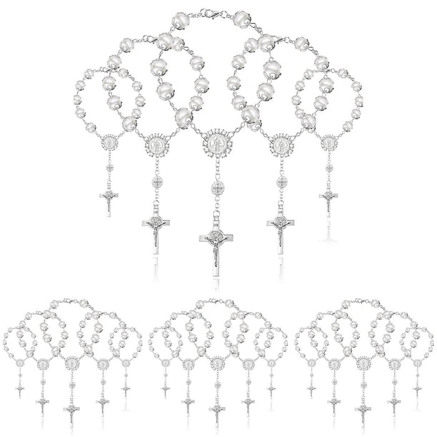 20 piezas de pulseras de rosario de bautismo, colgantes de crucifijo de color plateado de la Santa Comunión católica, pulsera de oración