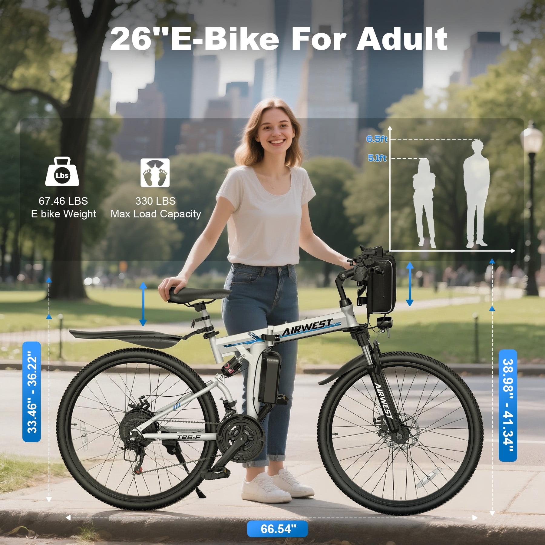 AIRWEST Electric Bike, 26'' Folding E Bike for Adults, Peak 750W Motor, 20MPH, Mountain E Bike with 48V 7.8Ah Lithium Battery, 40 Miles Range, UL2849