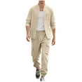 thumbnail image 3 of VBTAPA Men’s Cotton Linen 2 Piece Set Summer Casual Outfits Long Sleeve Henley Shirt and Drawstring Cargo Pant Sets Beach Lounge Sets Khaki S, 3 of 9