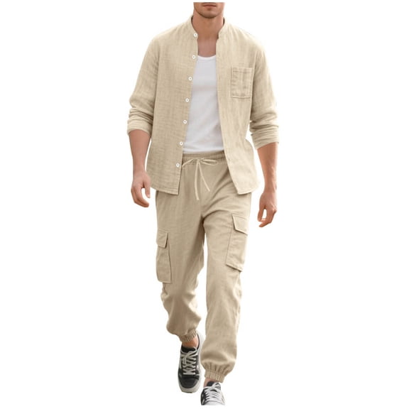 Paiyanr Cotton Linen Sets for Men Summer Breathable Shirts Cargo Pants 2 Piece Outfits Solid Color Casual Round Neck Drawstring Waist Workwear Pants Sets