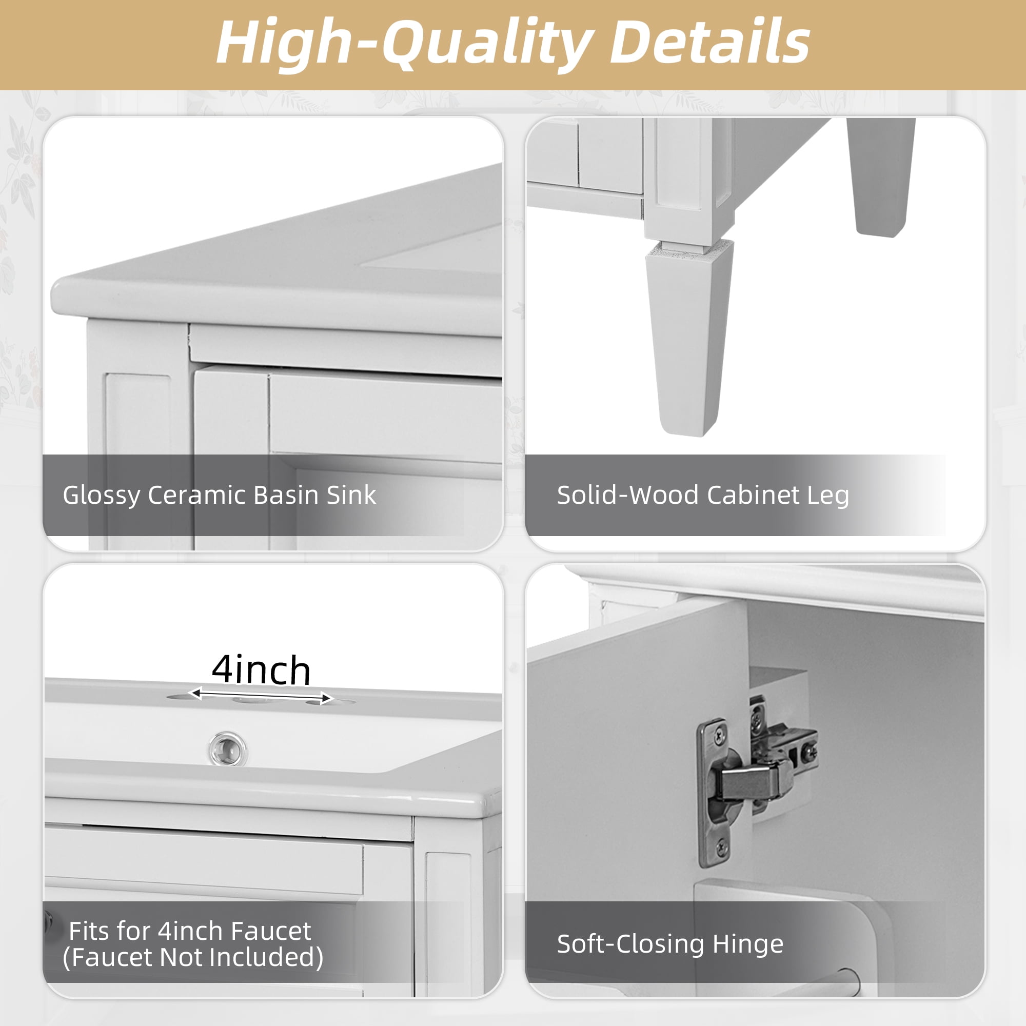 Euroco 24" Bathroom Vanity with 2 Doors and Tip-Out Drawer, Bathroom Storage Cabinet with Sink, Soft-Closing Doors with Organizers