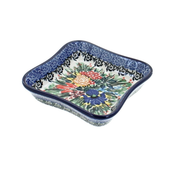 Blue Rose Polish Pottery Summer Blooms Small Square Dish