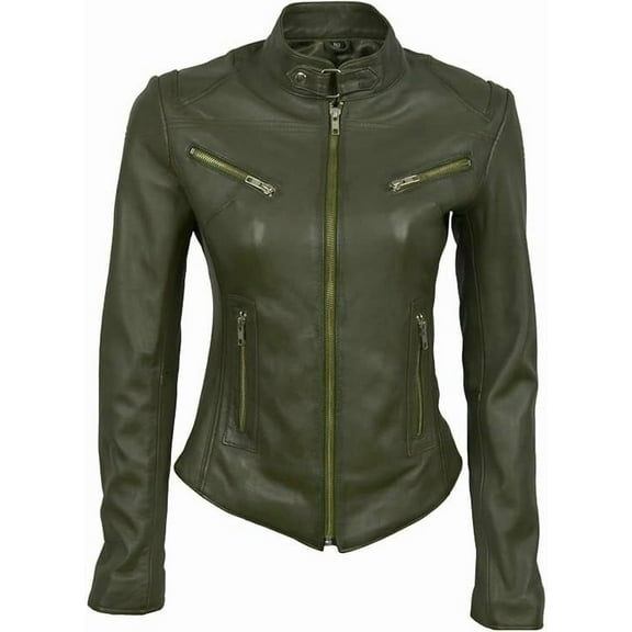 Brand New Genuine Soft Olive Green Lambskin Leather Jacket For Women's Designer Wear W373