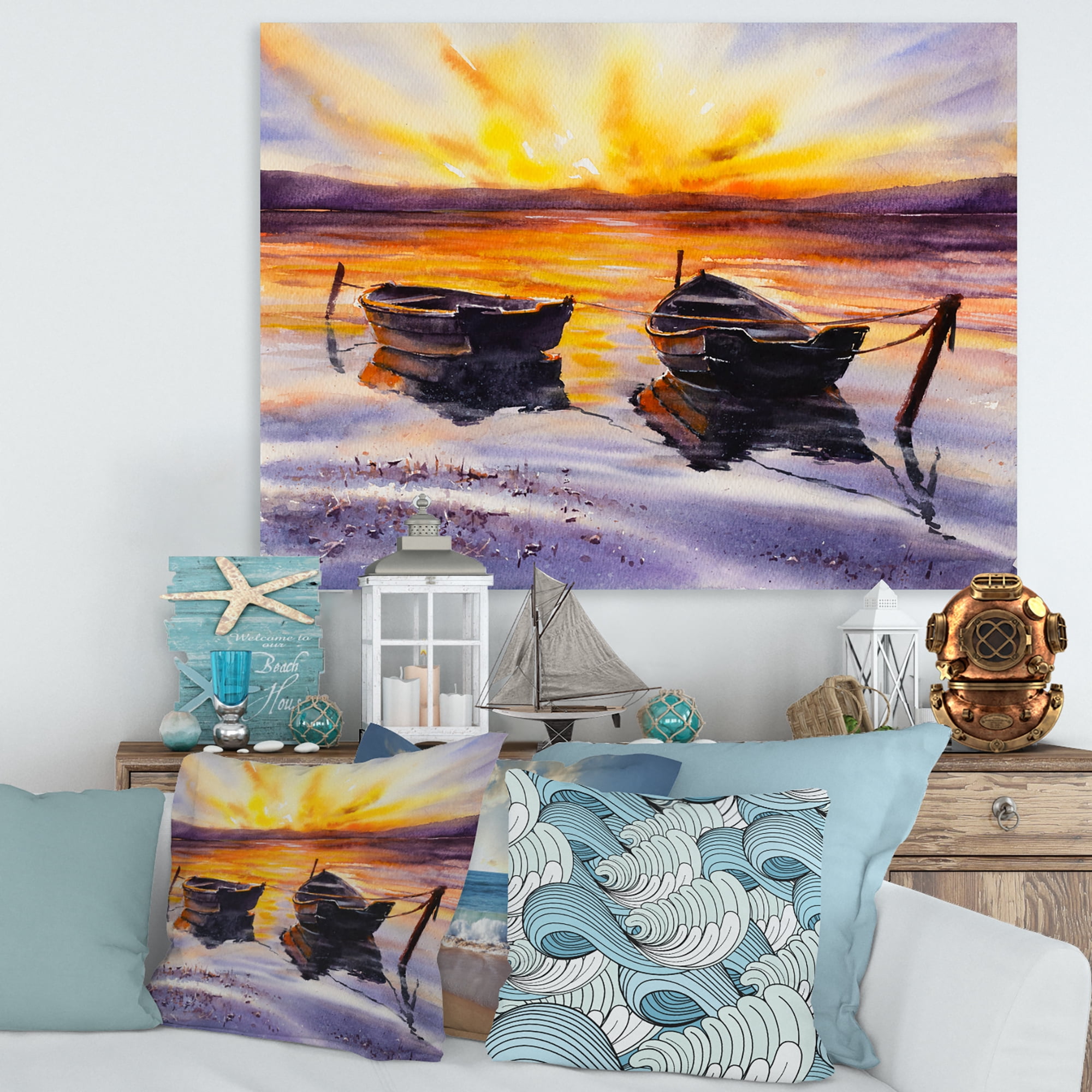 Two Small Boats Parking On The Shore and Sunset 32 in x 24 in Painting Canvas Art Print, by Designart