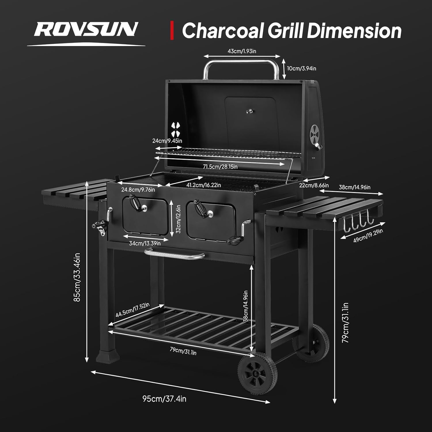 ROVSUN Charcoal Grill with Two Foldable Side Tables, Extra Large Cooking Area of 794 SQIN, Two Individual Lifting Charcoal Trays, Pull-out Ash Tray, Perfect BBQ Grill for Outdoor Picnic, Black