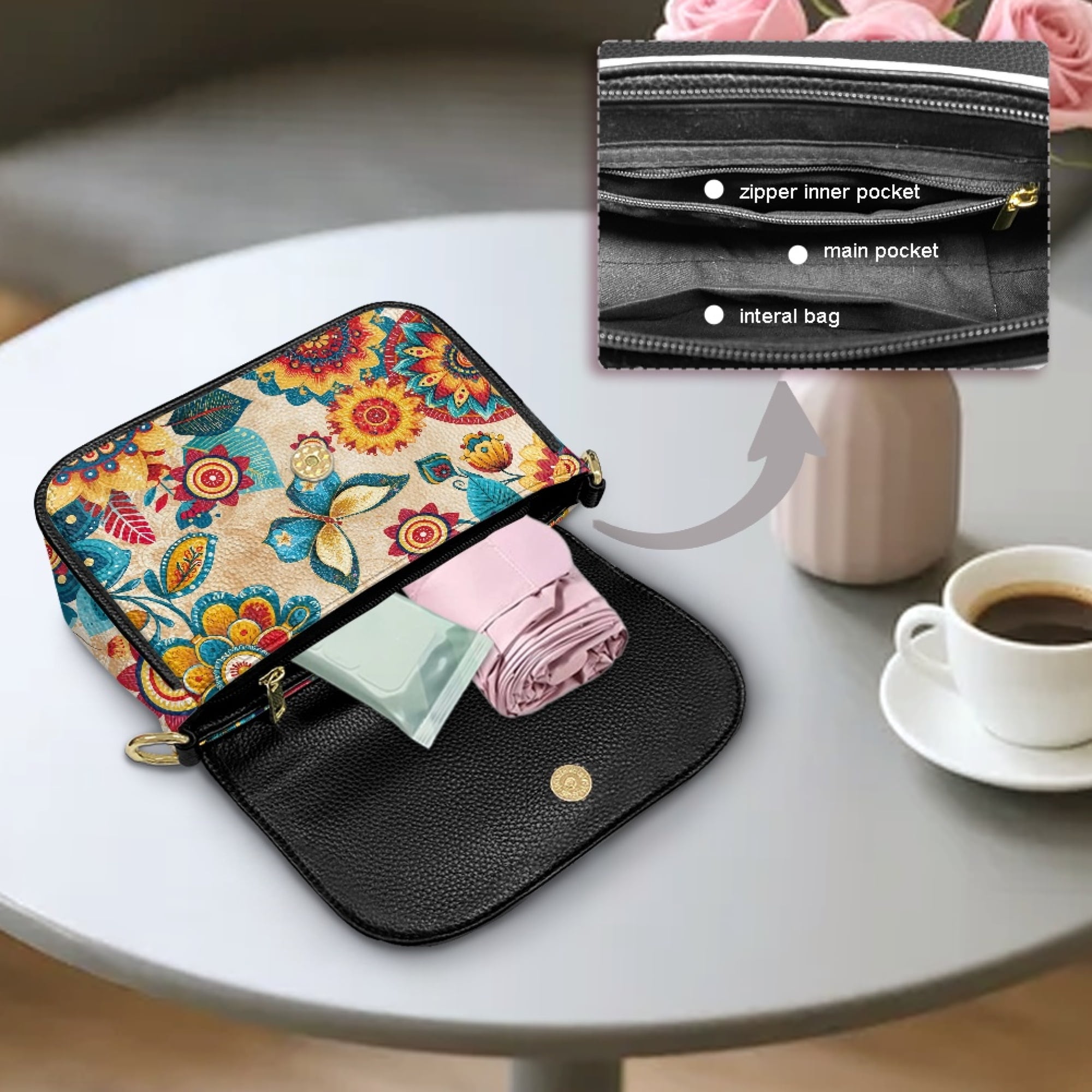 TSOVTHRID Boho Mandala Floral Butterfly Print Crossbody Bags for Women PU Leather Crossbody Handbags Purses Crossover Shoulder Bag with Wide Strap