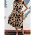 thumbnail image 5 of Floral Dress for Women Wedding Guest Crewneck Short Sleeve Tie Waist Midi Flowy Boho Beach Dresses Khaki M, 5 of 8