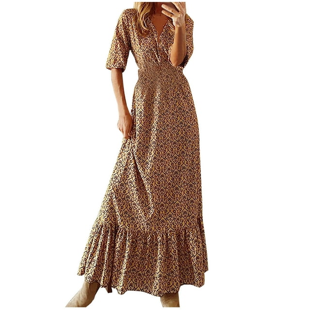 QIPOPIQ Robes pour Femmes Robe Midi à Étages Manches Courtes Robes Décontractées Tendance Robe d'Été Imprimée Col en V Taille Haute Manches 1/2 Robe Longue Offres 2023