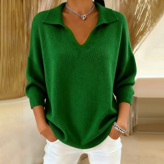 Women's Solid Color Lapel Collar Pullover, Oversized Loose Fit Sweater, Long Sleeve Casual Top, Plus Size Crew Neck Sweater, Drop Shoulder Shirt, Everyday Loungewear Green L