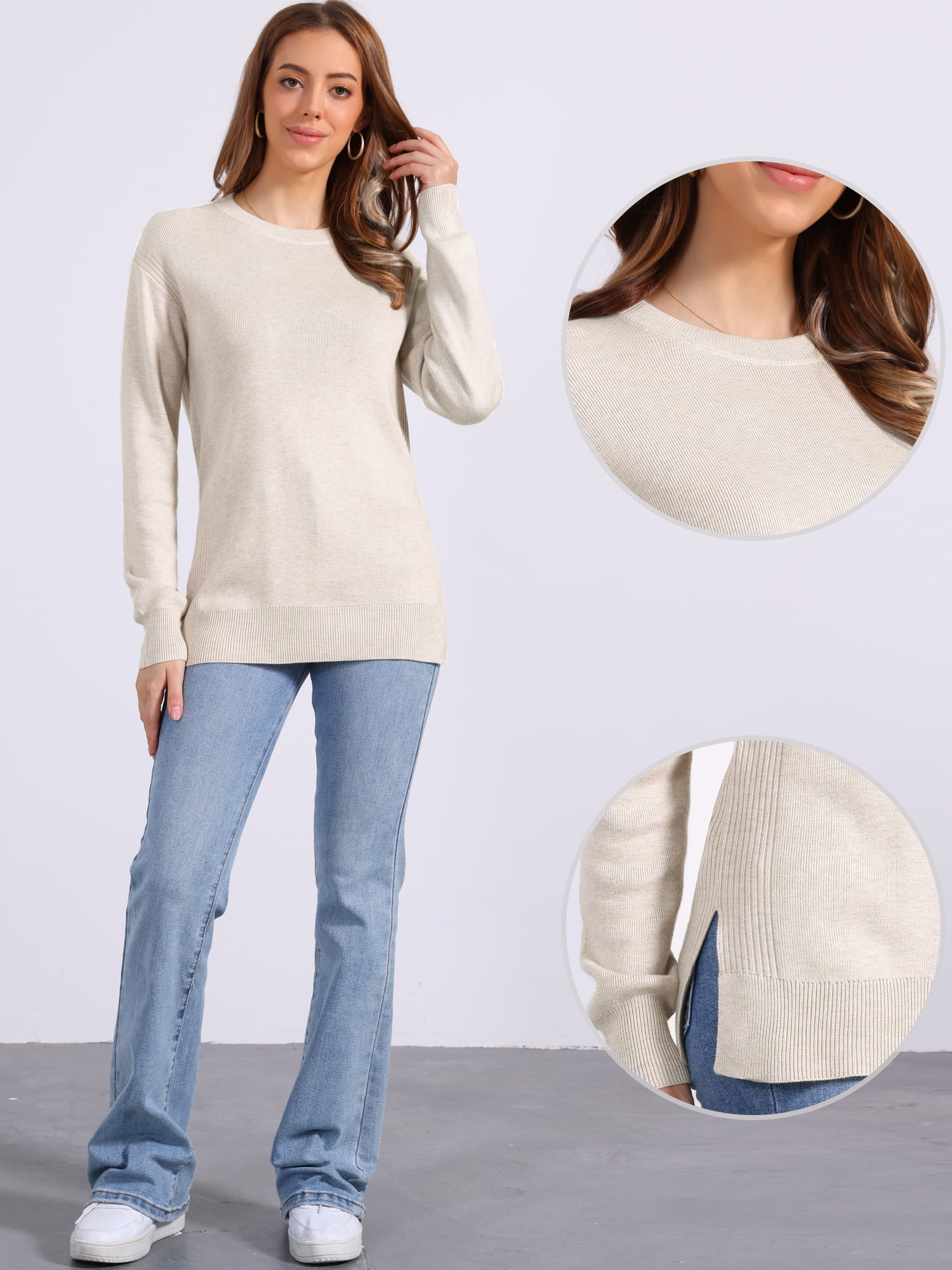 DARING DIVA Women's Pullover Long Sleeve Crew Neck Knit Sweater Tops XL Apricot