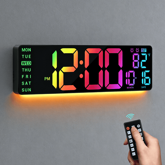 16" Large Digital Wall Clock: Wall Mount Clock with Big Led, Count Down Timer, Alarm, Big LED, 4 RGB Color, DST, Temperature for Living Room Bedroom Office Desk Wall Decor, Black