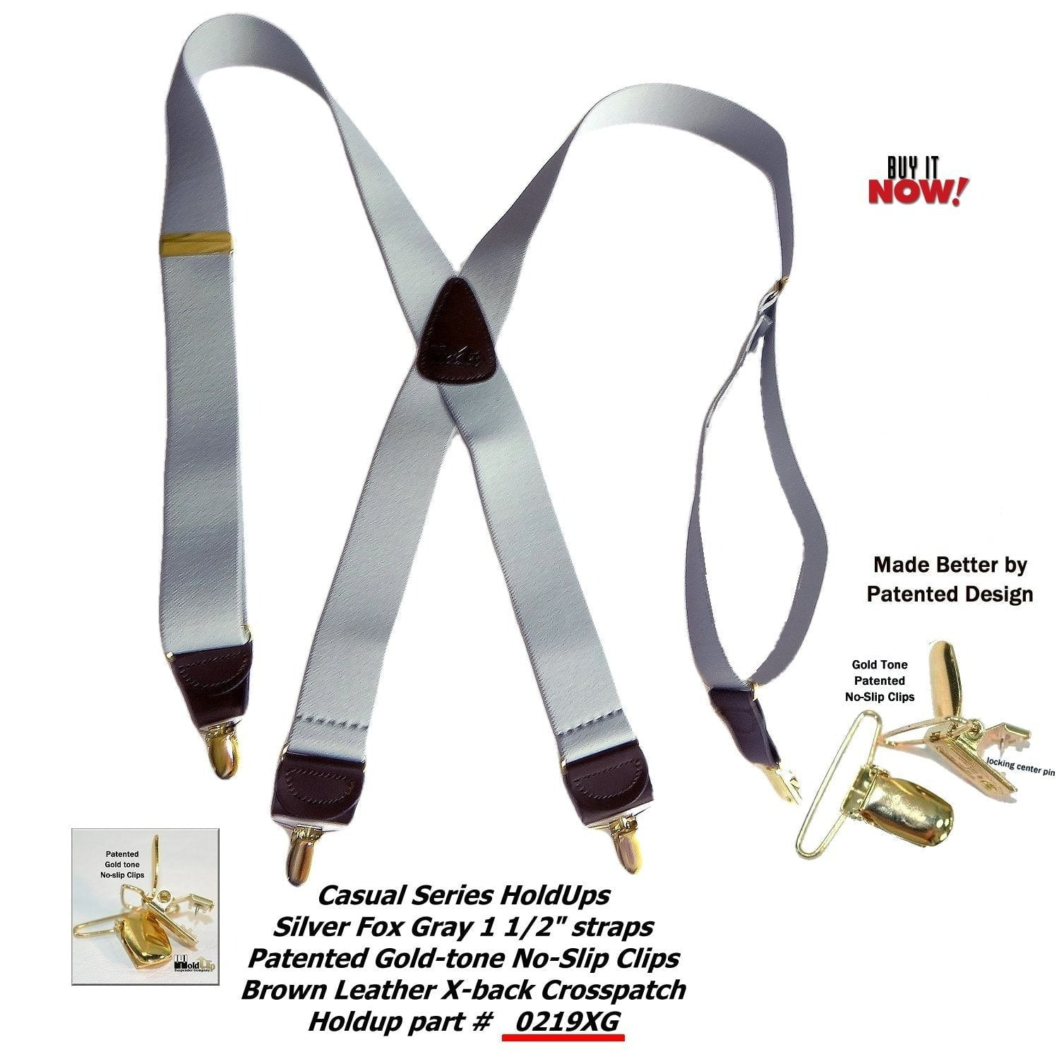 Holdup Suspender Company Slate Grey Mens Y-back Clip-on Suspenders in 1 1/2 width featuring Patented No-slip Gold-Tone Clips Holdup Suspender Company Inc 0220YG
