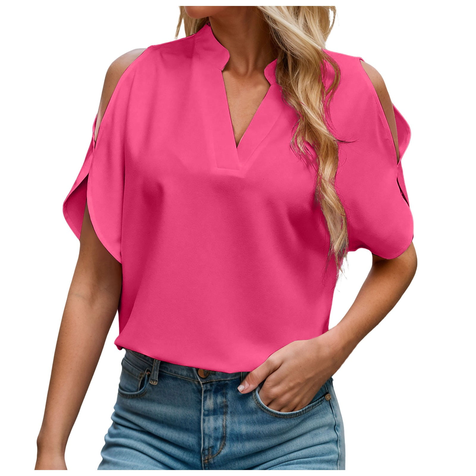 WEIYLL Women Tops Solid Color V Neck Sleeved Off Shoulder Hot Pink Blouse Sizes XXL