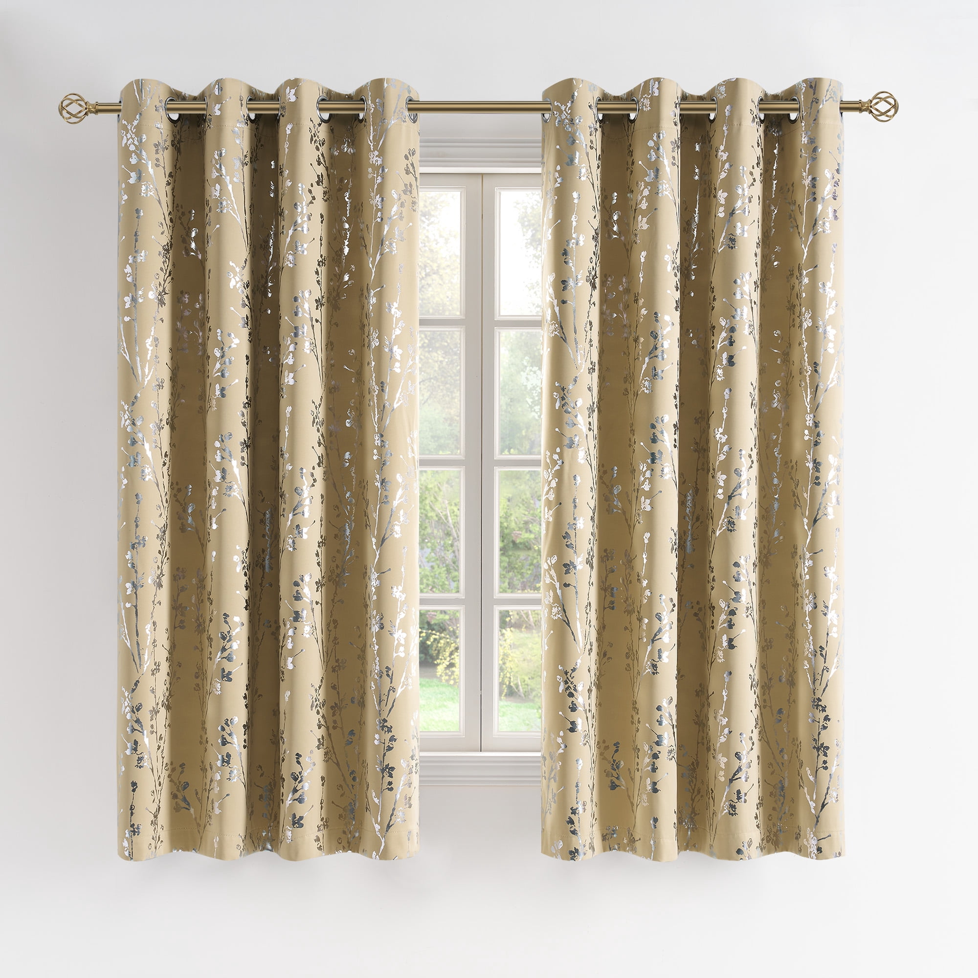 NICETOWN 100% Blackout Curtains for Bedroom, Noise Reducing Thermal Insulated Silver Branch Curtain, Grommet Blackout Curtains for Patio Sliding Glass Door 2 Panels, 52 x 63 Inch, Biscotti Beige)