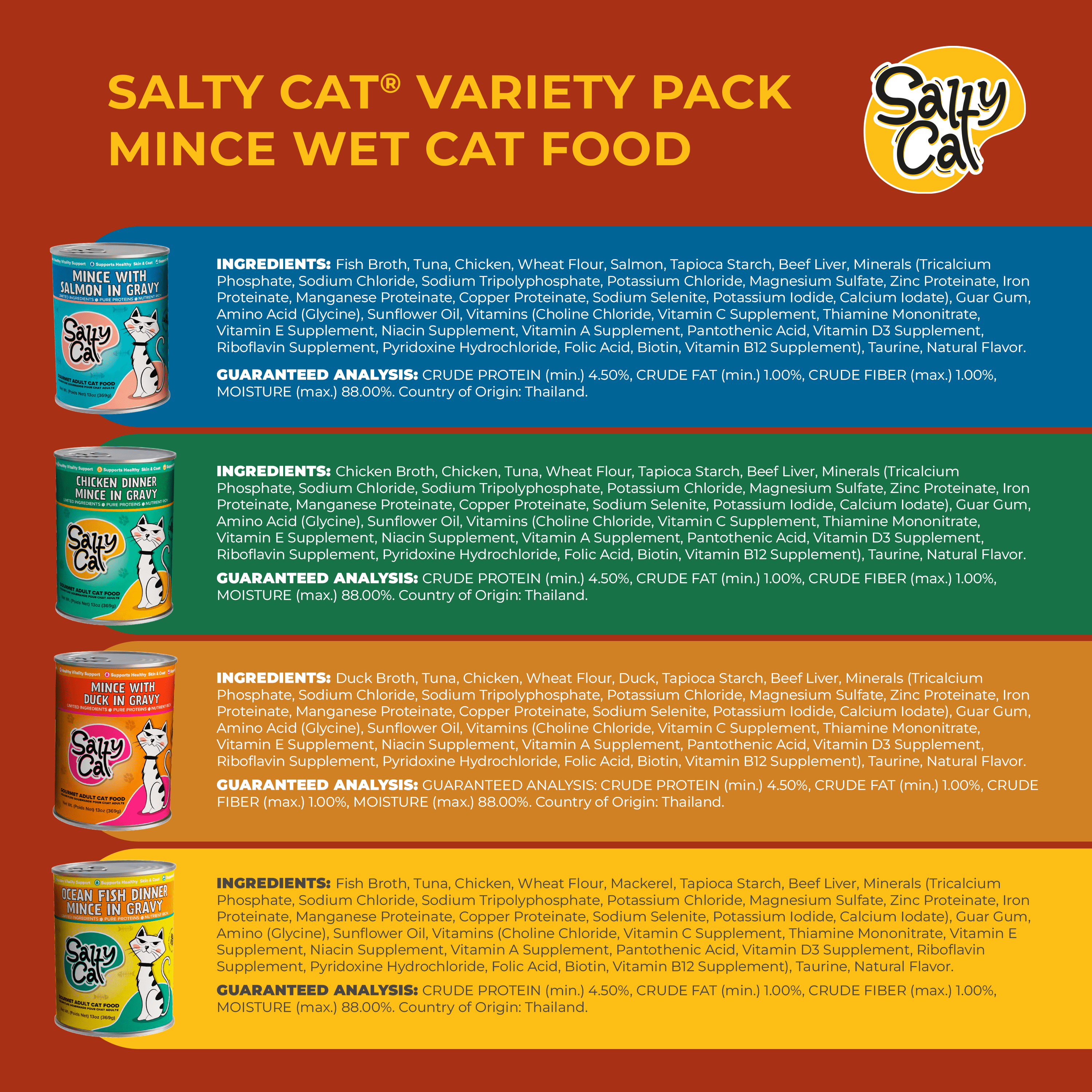 Salty Cat Premium Corn-Free Salmon, Chicken, Duck & Ocean Fish Flavor Mince in Gravy Wet Cat Food Variety Pack, 156 oz (12 Pack)