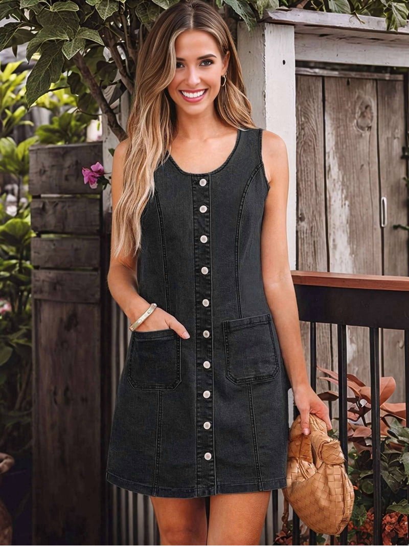 Denim Dresses for Women Sleeveless Stretchy Jean Summer Casual Western  Short Button Down Dress with Patch Pocket Black Grey L - Walmart.com