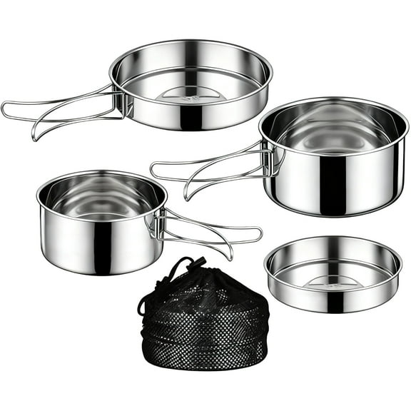 4 Pcs Camping Cookware Set,Quality 304 Stainless Steel,Outdoor Folding Pots,Portable Nesting Camp Kitchen Gear,Lightweight Backpacking Gear for Hikers,Campers & Outdoor Adventures