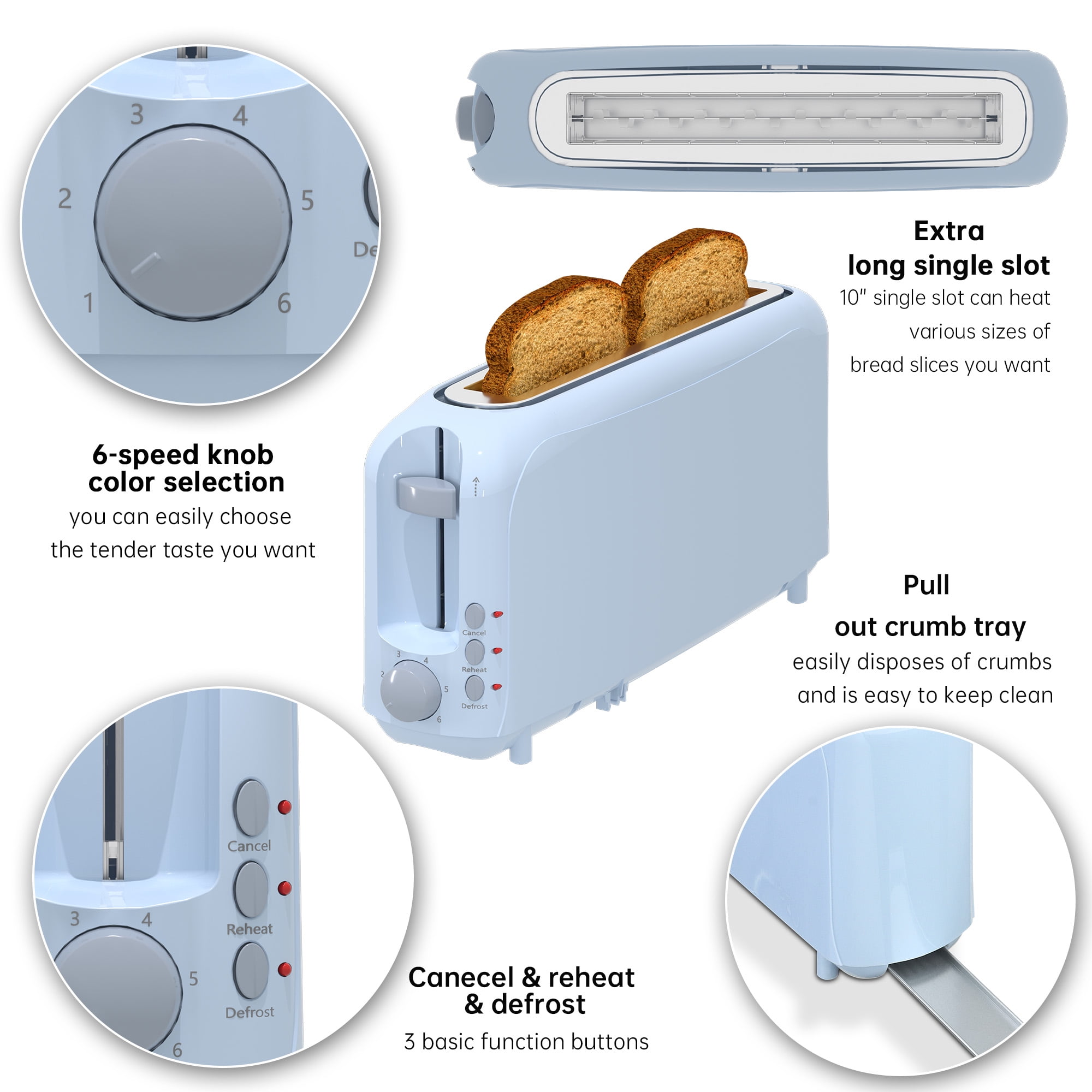 2-Slice Slim Toaster - 10" Long Slot for Bagels & Artisan Bread, 6 Shade Settings, Cancel/Reheat/Defrost, Removable Crumb Tray, Auto Shut-Off,Blue