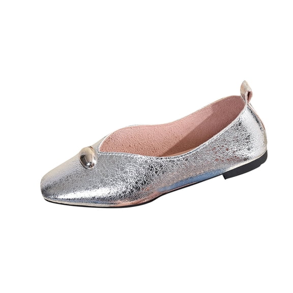 KEGIRLOM Women's Fashion Casual Style Metal Buckle Super Comfortable Soft Leather Comfortable Mary Shoes All-Match Square Head Grandma Shoes Flat Shoes Silver 6