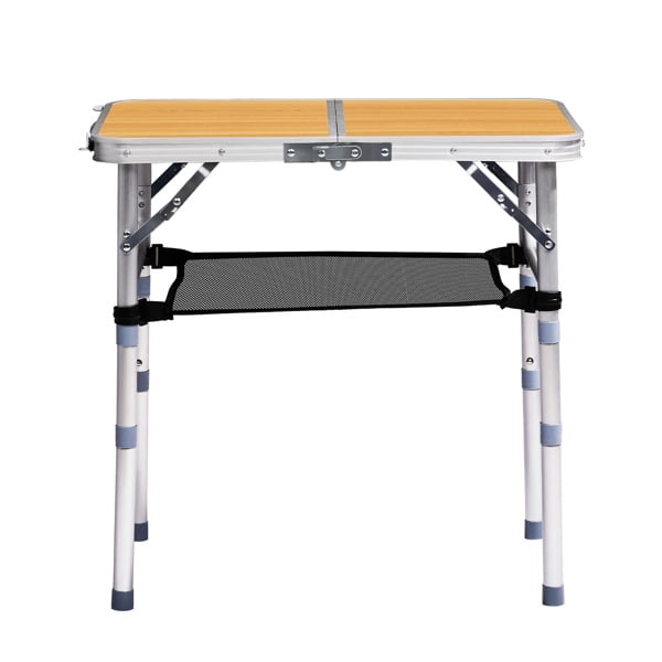 Folding Camping Table, Wooden Pattern, 3 Adjustable Heights, Aluminum Frame, Mesh Shelf, 110lb Capacity for Camping/Picnics/Beach/Patio