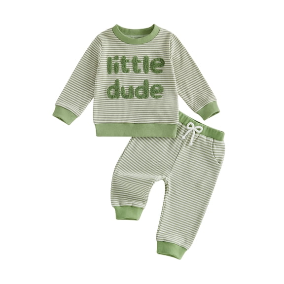 Loicainy Baby Toddler Boy Fall Outfits 6 12 18 24 Month 2T 3T Letter Embroidery Long Sleeve Round Neck Striped Tops and Elastic Waist Pants Clothes Set