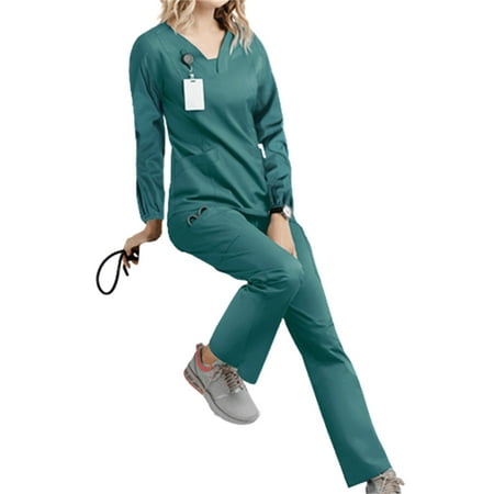 

Woman Scrubs Set Uniform With Pockets Suitable For Hospital Workers XL Type B Green Long Sleeve