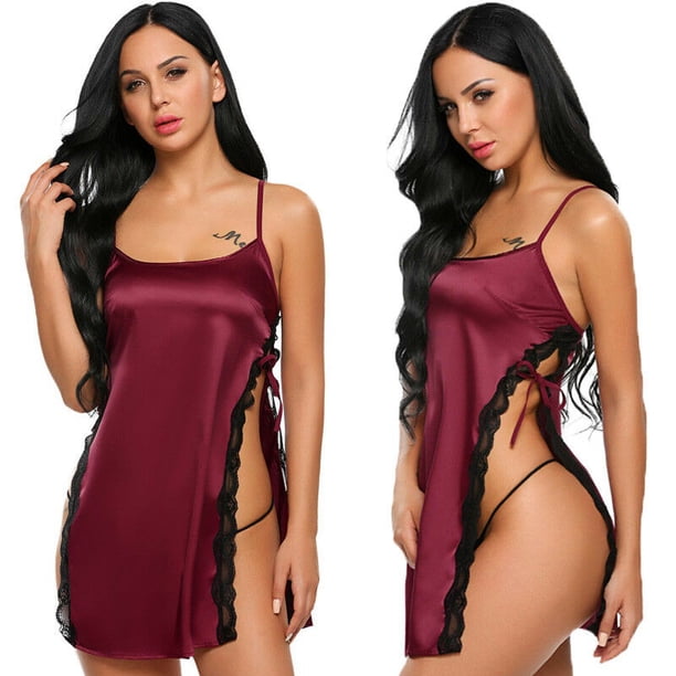 VISgogo, lencería Sexy para mujer, sin mangas, Color puro, vestido de encaje con tirantes, ropa de dormir dividida, picardías, camisón VISgogo moda