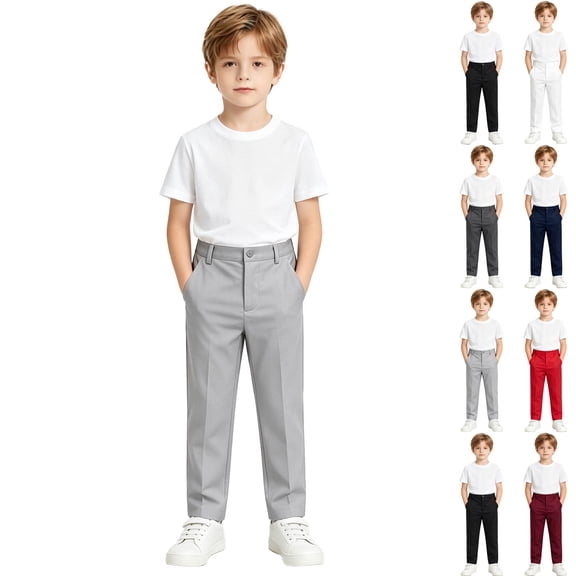 DJDLJWCJ Teen Boys School Uniform Pants Straight Leg Relaxed Fit Pull-On Flat Pants Side Pocket Solid Dress Pants Gray Size 3T