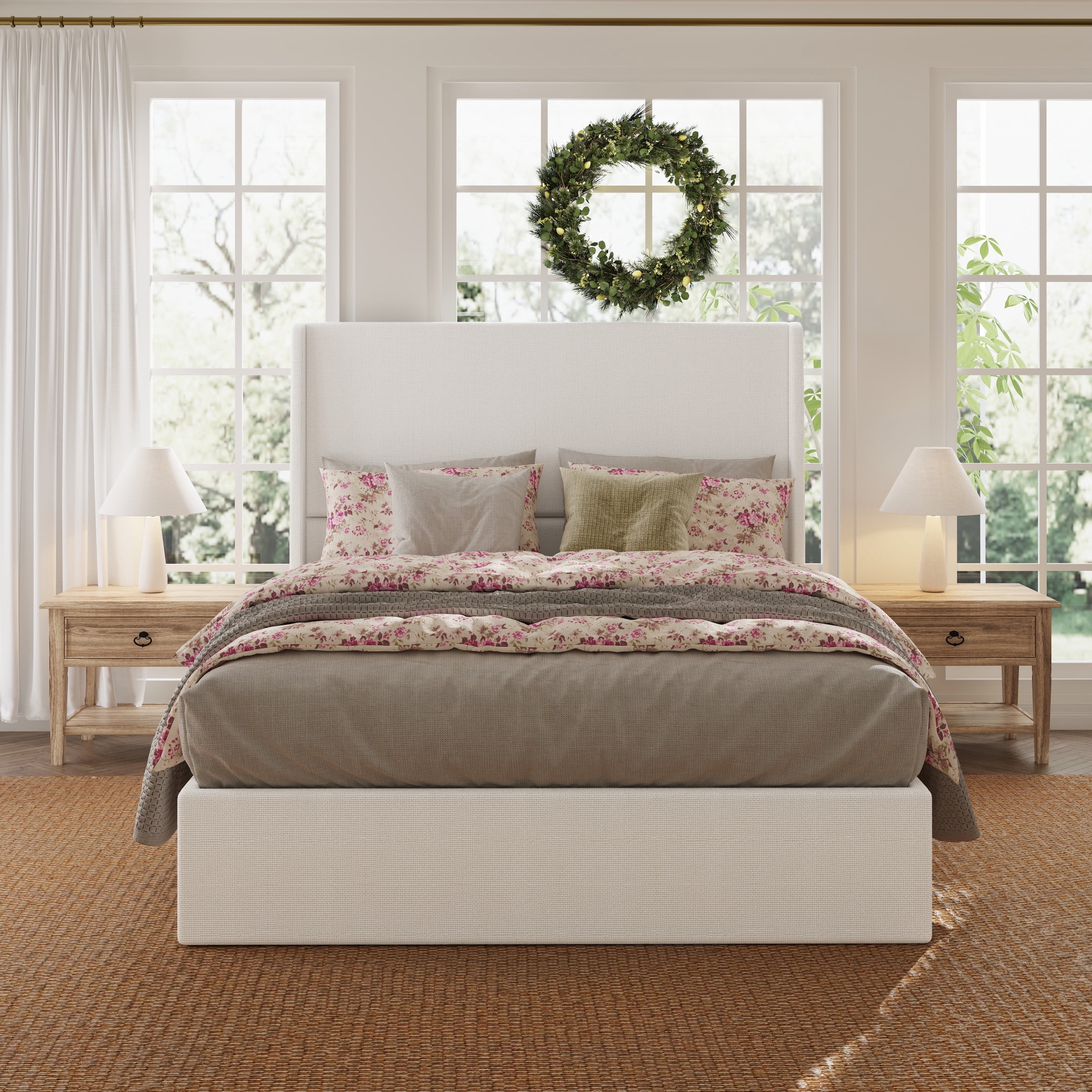 GDF Studio Queen Size Upholstered Bed with Chenille Fabric, High Headboard and 12-Slat Support, Beige