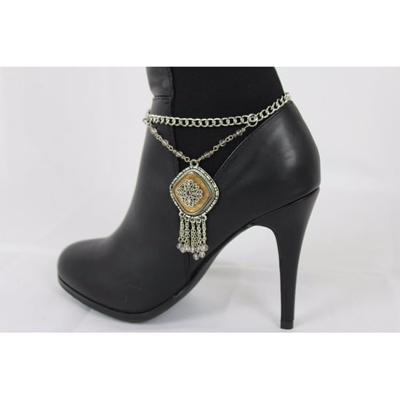 Women Silver Chain Boot Bracelet Anklet Shoe Charm Ethnic Beads Fringes