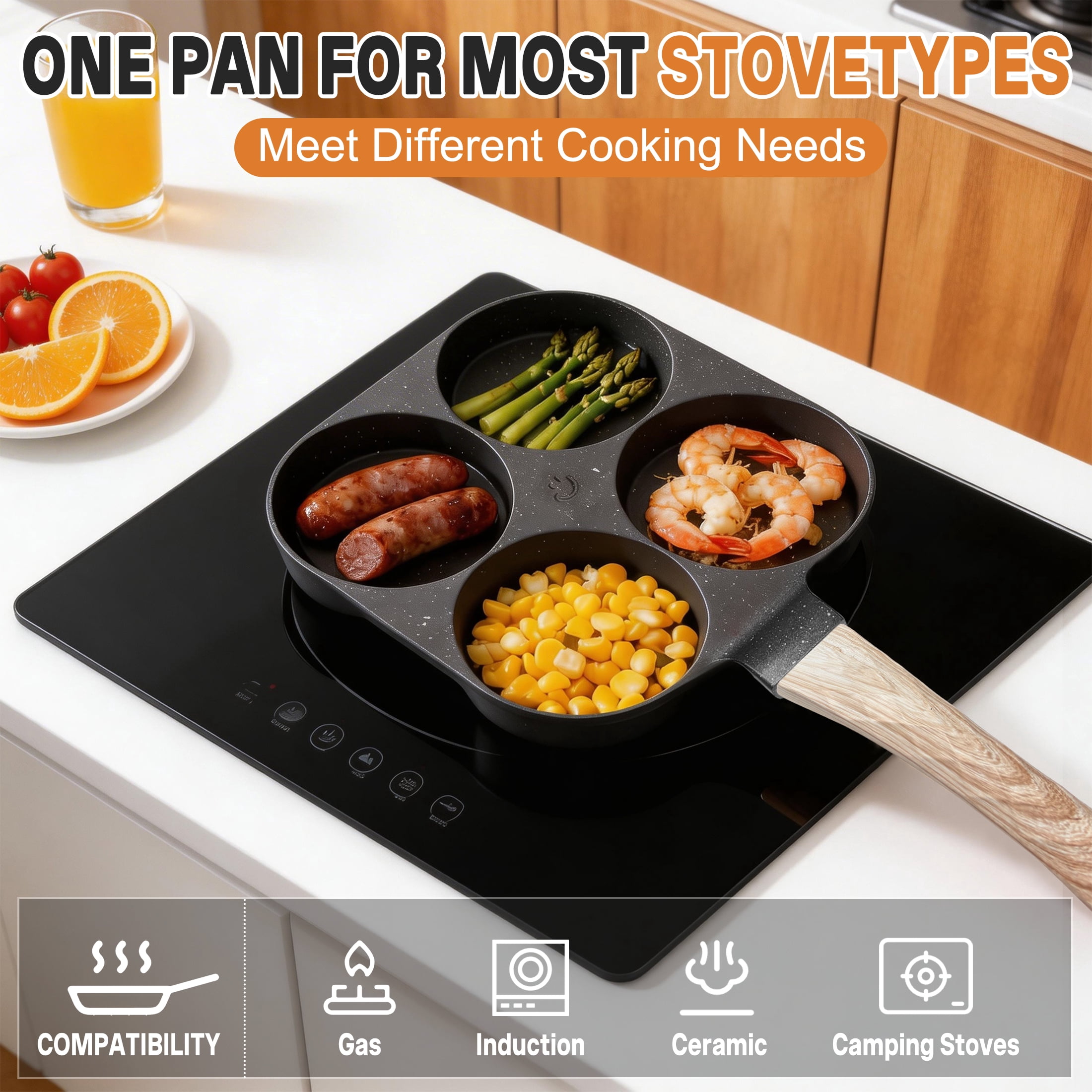 cisilov Egg Pan, 4-Cup Nonstick Egg and Burger Pan, Breakfast Skillet with Divided Sections, Black