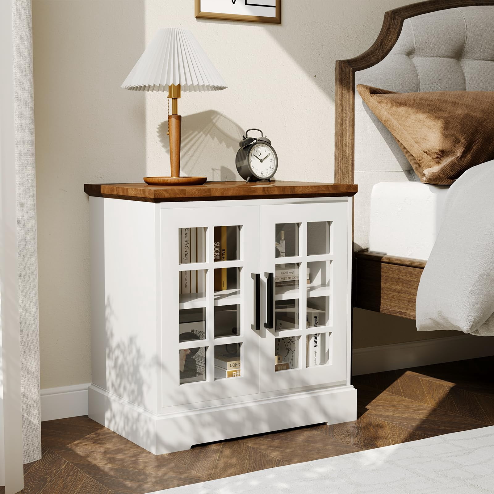 Farmhouse End Table with Charging Station, 24" Large Sofa Side Table, Nightstand with Adjustable Storage Shelf,Wood Square Bedside Table for Living Room,Bedroom
