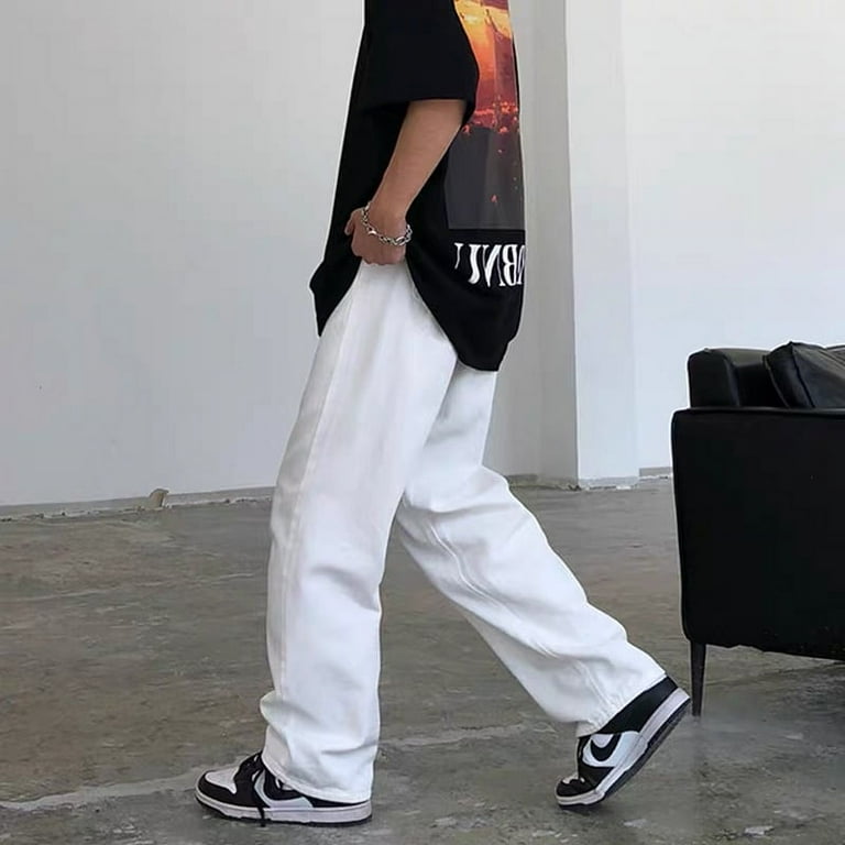 Korean Baggy Pants Loose White Trousers Wide Leg Jeans Men Fashion