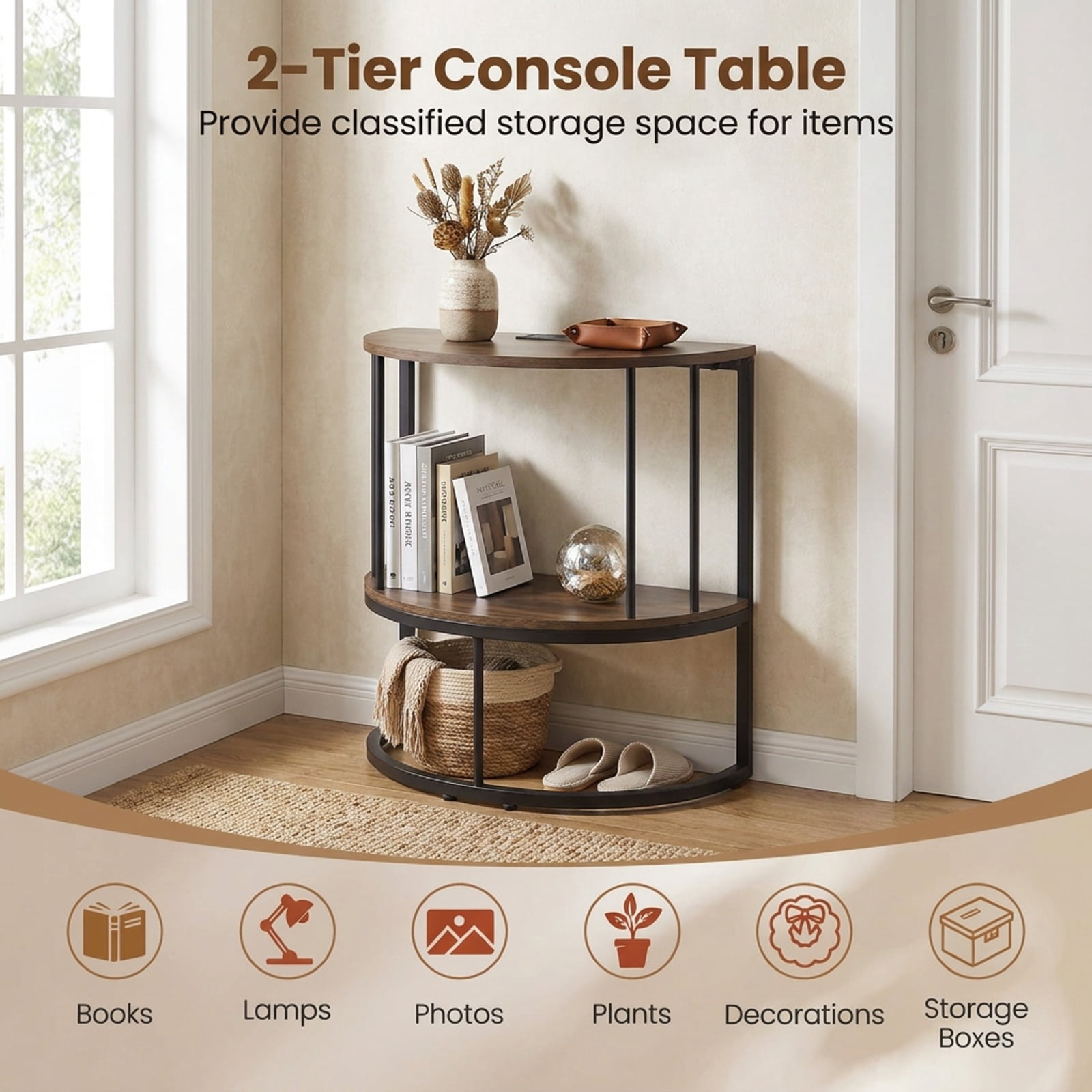 Furnibear 2 Tier Half Moon Console Table with Power Outlets and Storage Shelf for Entryway Hallway and Living Room Sofa, Rustic Brown