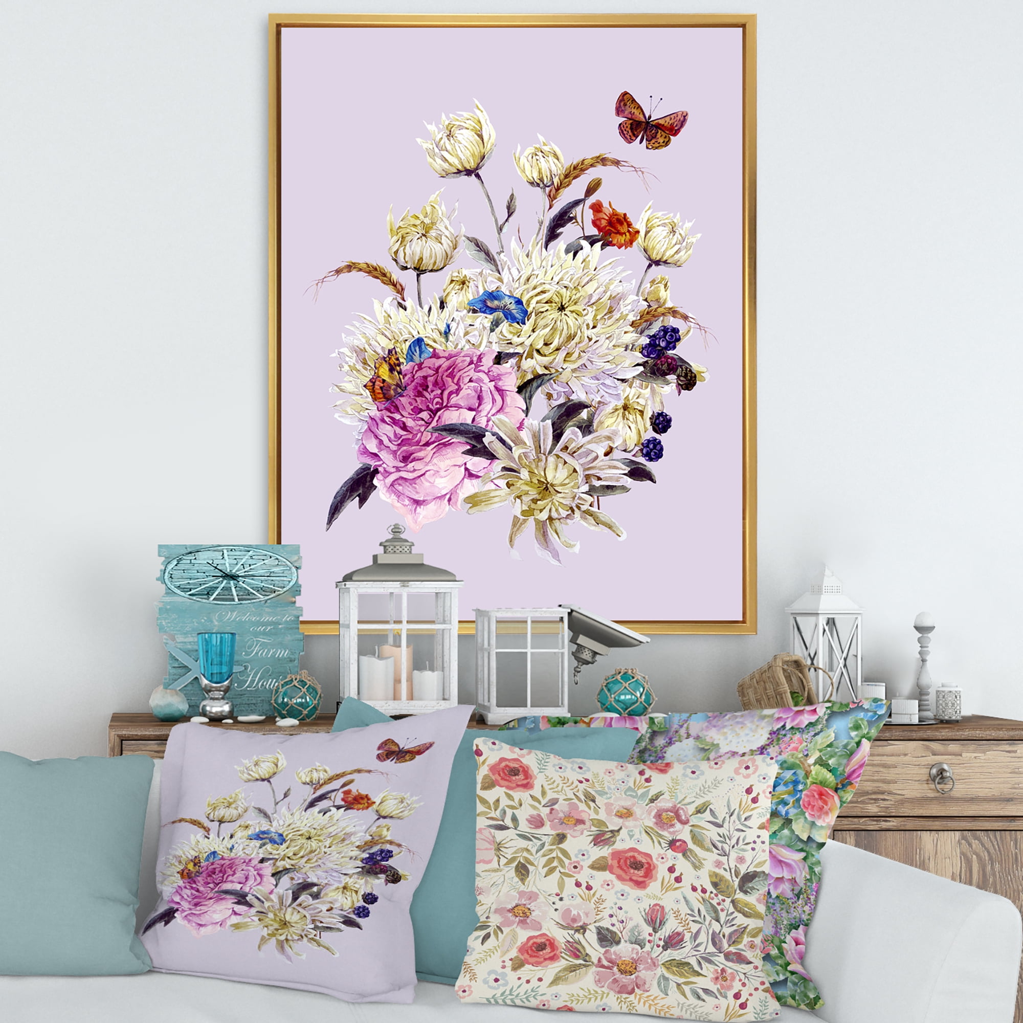 Designart 'Ancient Chrysanthemums With Bouquet I' Traditional Framed Canvas Wall Art Print