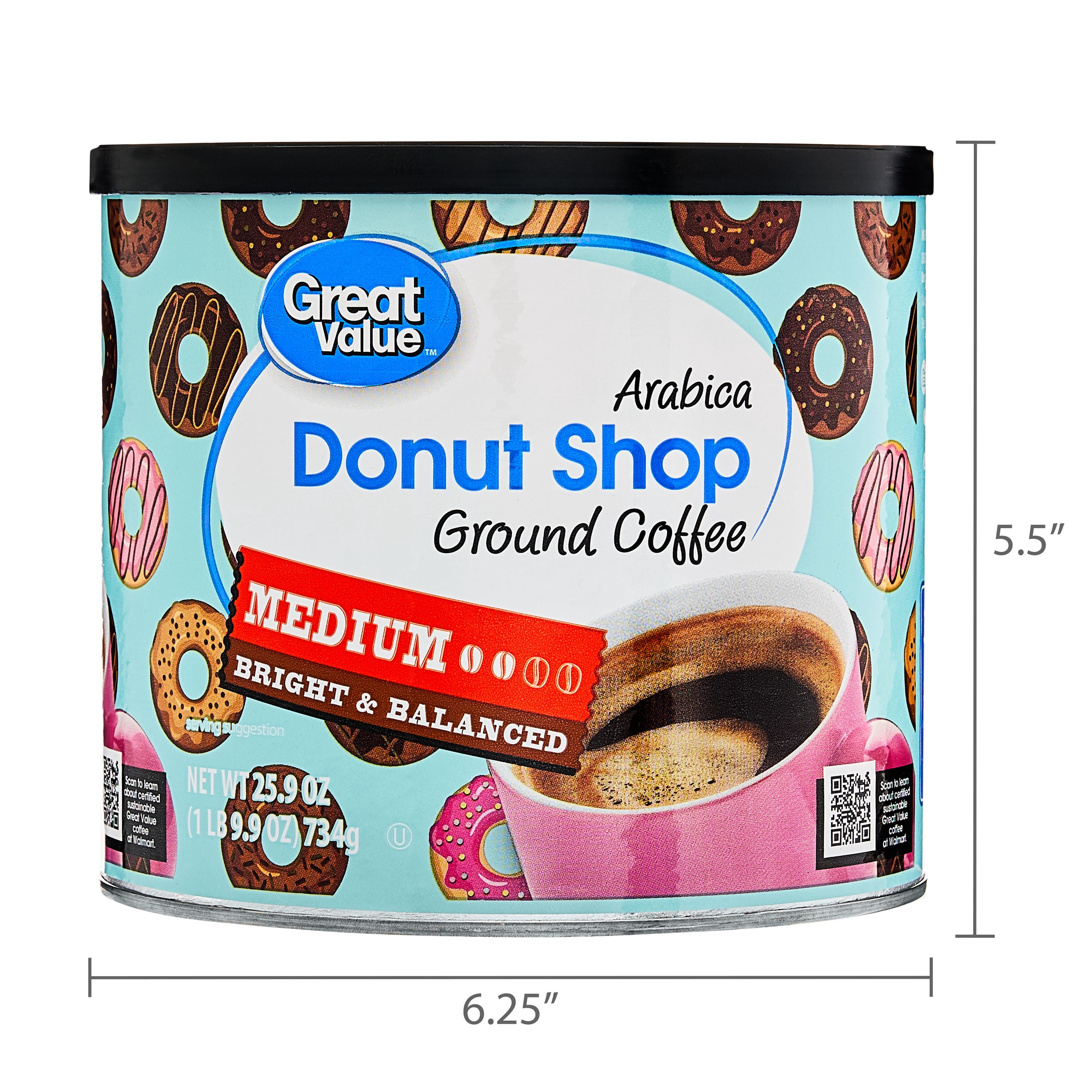 Great Value Donut Shop 100% Arabica Medium Roast Ground Coffee, Naturally Caffeinated, 25.9 oz