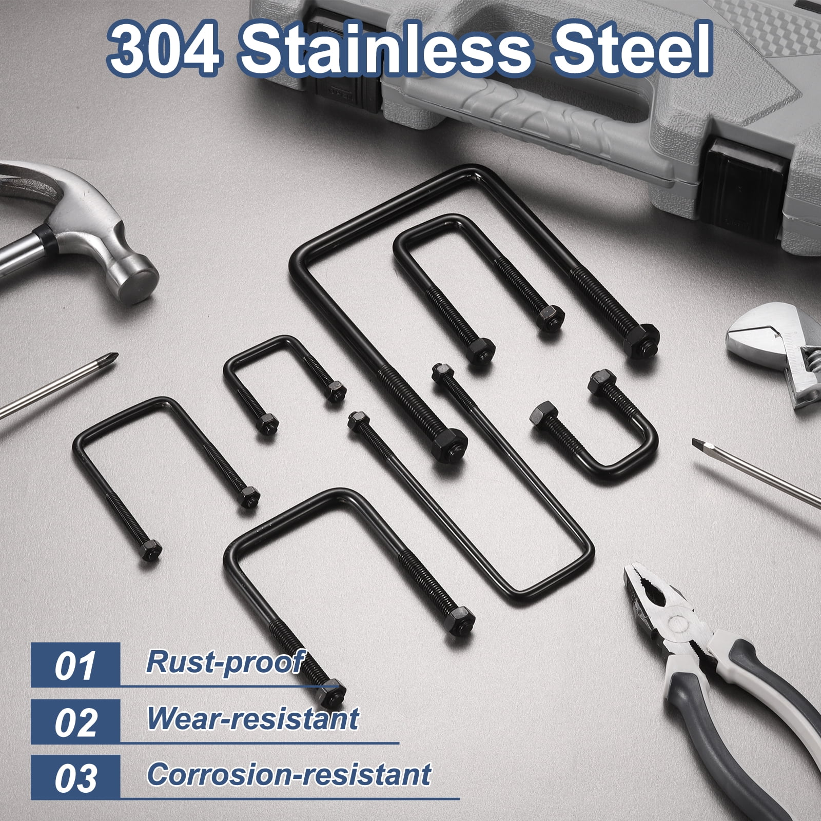 2 Sets M8 Square U-Bolts, 80mm Width 200mm Length 304 Stainless Steel with Nuts