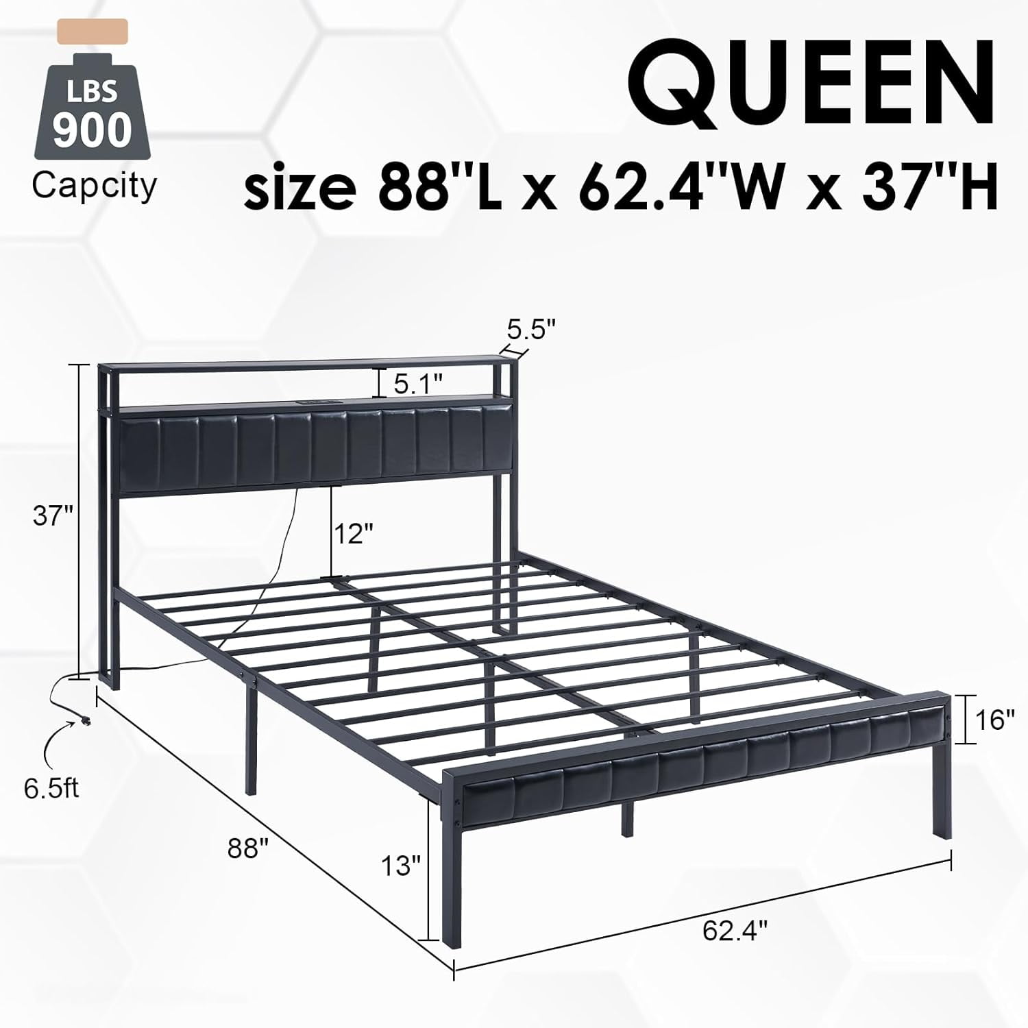 VanAcc Queen Size Platform Bed Frame, LED &Charging Station, 2-Tier Storage Headboard, Black