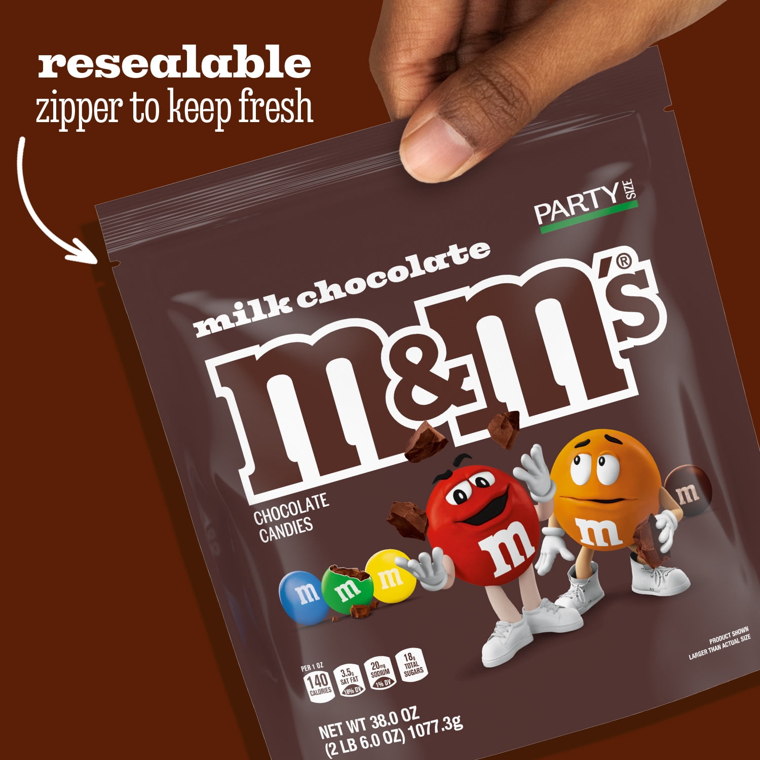 M&M'S Milk Chocolate Candy, Party Size, 38 oz Resealable Bag