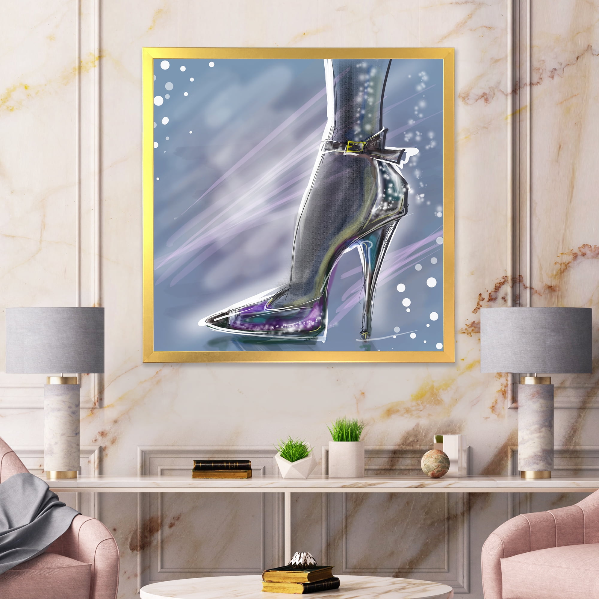 Designart 'Shiny Woman Shoe High Heeled Stiletto With Glitter' Modern Framed Art Print