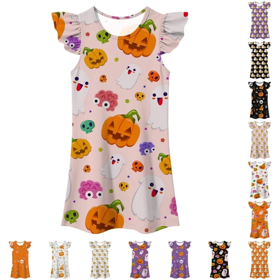 LUOGENLI Girls Halloween Fly‑Sleeve Nightgown, Kids Pumpkin Print A‑Line Sleep Home Dress b-Pink 8-9 Years