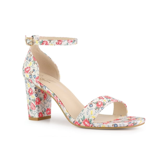 BLISSFUL STEP Chaussures pour Femmes à Imprimé Floral, Talon Épais, Bride à la Cheville, Bout Ouvert, Sandales Habillées à Talon Bloc, Fleur Rouge 7
