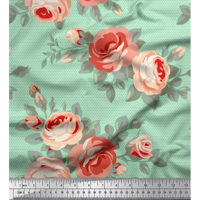 Soimoi Polyester Crepe Fabric Check,Leaves & Begonia Floral Print Fabric by Yard 52 Inch Wide