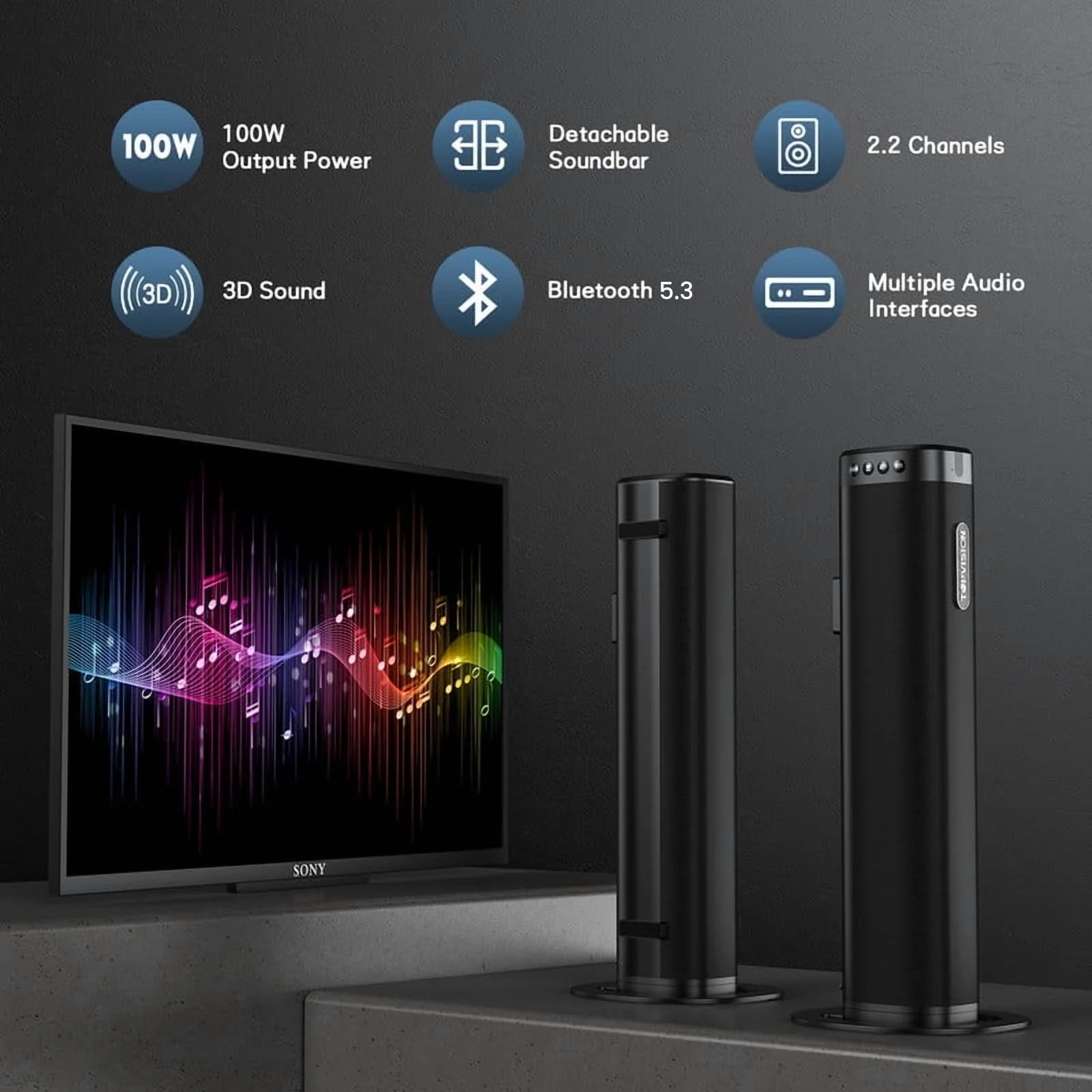 TOPVISION 2.2CH Sound Bar for TV, 100W TV Sound Bar with Bluetooth 5.3/HDMI ARC/Optical/AUX/USB, 3 Equalizer Modes, Bass Effect, 2 in 1 Detachable Soundbar for TV/PC/Gaming/Projectors