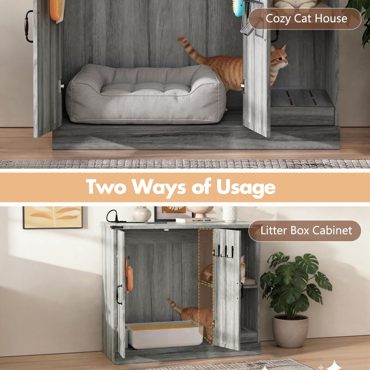Cat Litter Box Cabinet with Power Outlet, Modern Litter Box Furniture for Large Automatic Litter Boxes, Hidden Litter Box Enclosure with Litter Catcher, Adjustable Storage Shelves, Gray