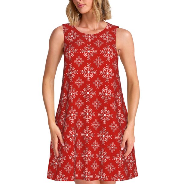 Easygdp Red White Snowflakes para Vestido Transpirable de Mujer, Vestido Suelto de Manga Corta con Pliegues y Bolsillos para el Verano