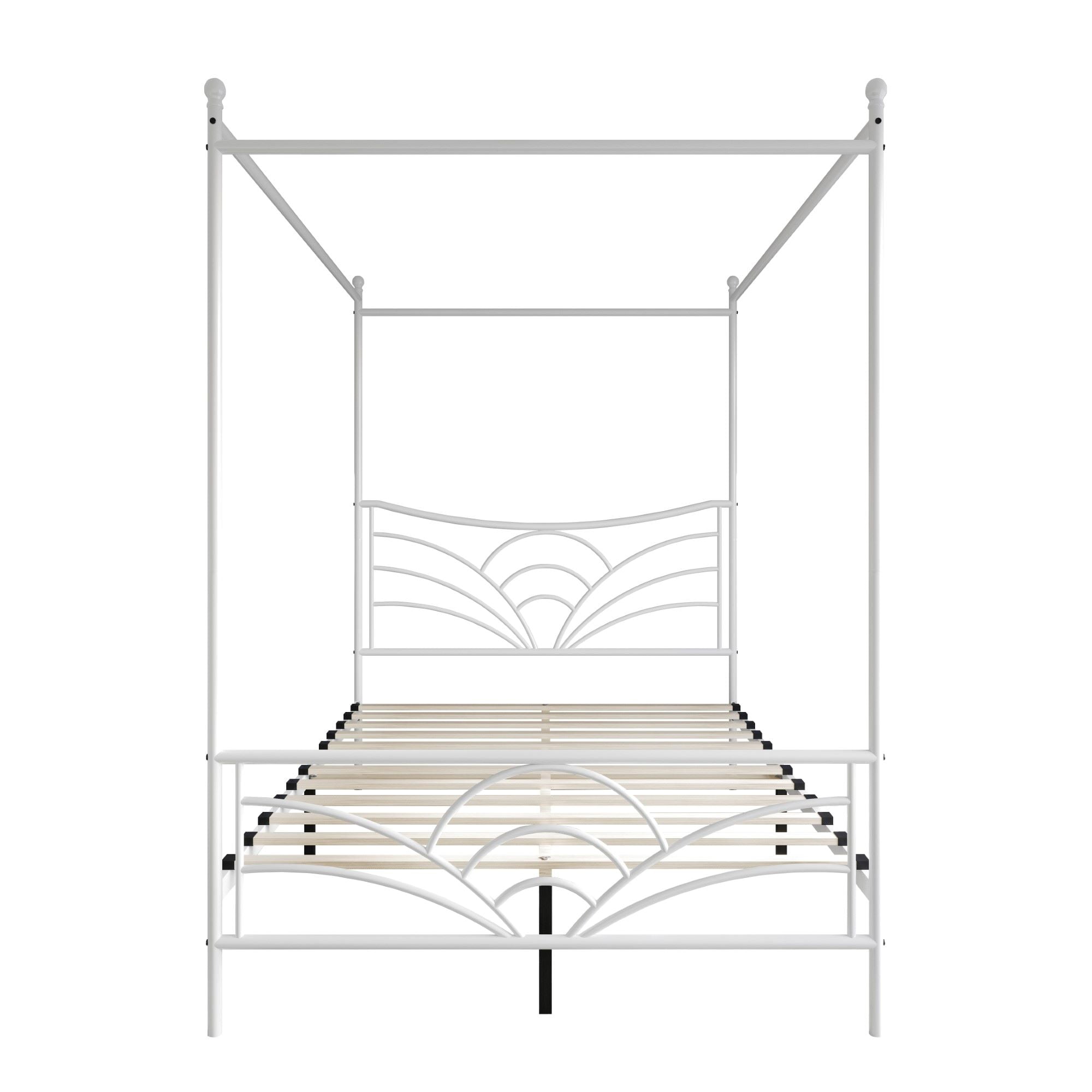 Home Design Denver Full Metal Canopy Bed Frame with Arched Headboard and Central Support Leg, White, Easy Assembly