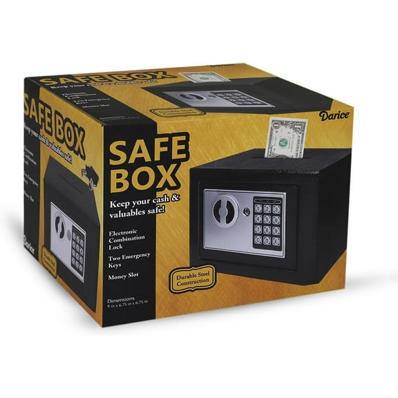 Darice Safe Box for Money  Safe with Electronic Combination Lock and Emergency Key  Cash Safe with Money Slot  Ideal for Documents, Cash, Jewelry 7.9" x 11.8" x 7.9" Black