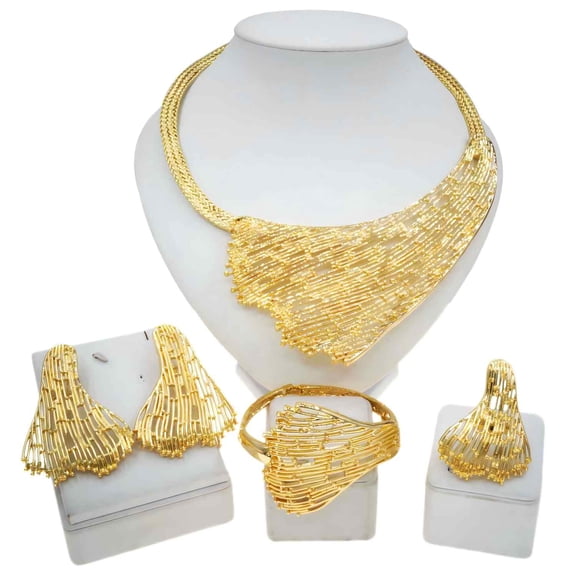 Yulaili African-Inspired Gold Tone Openwork Jewelry Set Complete Necklace Earrings Bracelet Ring Collection Fashion Women Costume Accessories